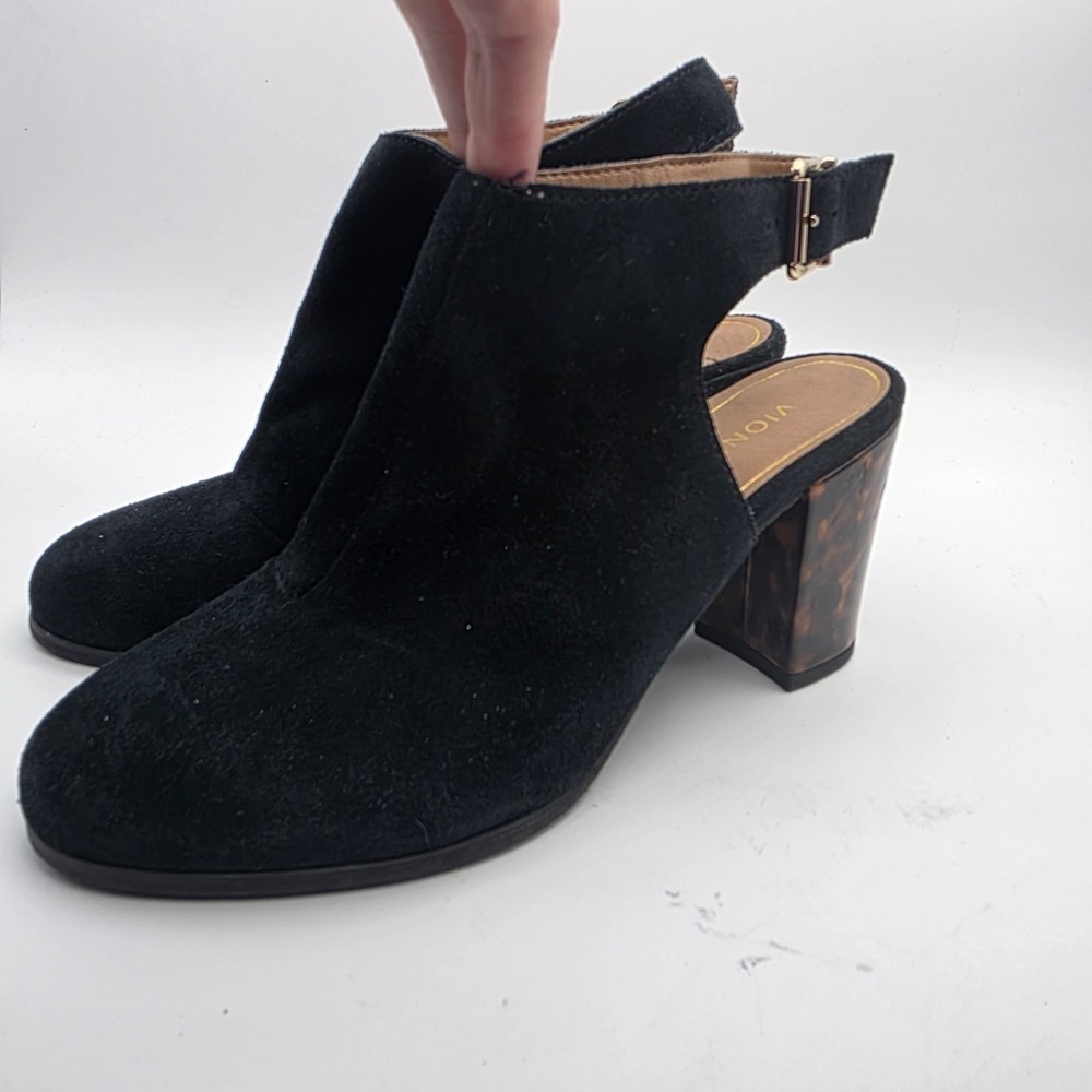 Vionic Lacey Suede Booties Size 9.5 Tortoise Block Heel Black Leather Mob Wife - Picture 7 of 14